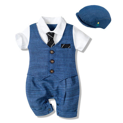 Summer Baby Romper Suit Newborn Boys Formal Clothing Children Hat + Jumpsuit + Shoes + Socks 4 Pieces Outfit Blue Costume