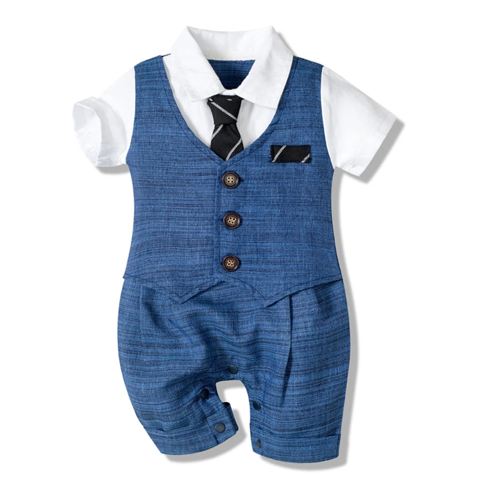 Summer Baby Romper Suit Newborn Boys Formal Clothing Children Hat + Jumpsuit + Shoes + Socks 4 Pieces Outfit Blue Costume